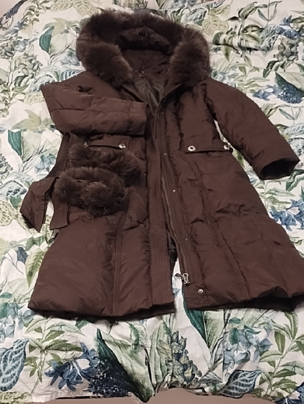 Women's Long Brown Authentic Fur Hooded 70% Down Puffer Coat